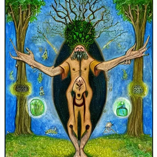 Image similar to gnostic kabbalist druid merging with the tree of life