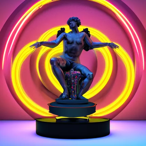Image similar to a renaissance statue inside a neon ring 3 d render, black background, ray tracing, 8 k resolution, shar focus, hyper detailed, hyper realistic