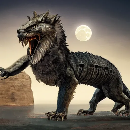 Image similar to Furred chimera with crocodile's body and a wolve's head, concept art, illuminated by full moon, professional photoshop artwork, highly detailed