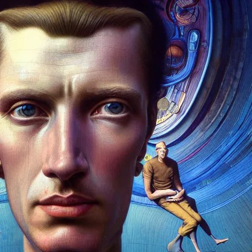 Prompt: realistic extremely detailed portrait painting of an average man , retro futuristic , by beeple,Jean Delville, Amano, Yves Tanguy, Alphonse Mucha, Ernst Haeckel, Edward Robert Hughes, Roger Dean, rich psychedelic moody colors, blue eyes,octane render,4k.f32