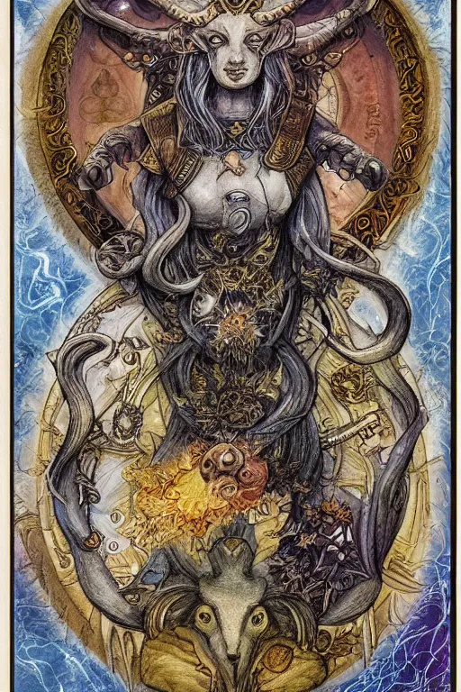 Image similar to aries zodiac artwork, mystic tarot style, detailed, 8 k, symmetrical, by brian froud