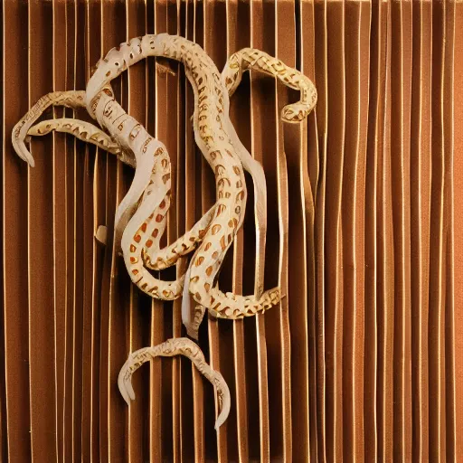 Image similar to tentacles made of brown corrugated cardboard, cut out of cardboard, realistic photography, fantasy