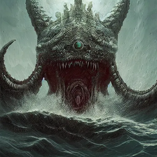 Image similar to sea beast of the depths in the style of michael whelan and h. p. lovecraft. hyperdetailed photorealism by greg rutkowski