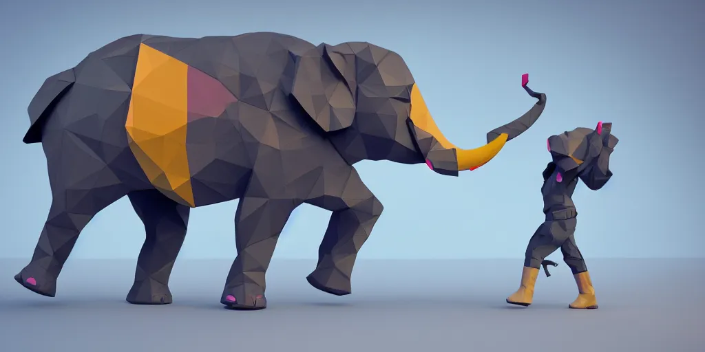 Prompt: cute elephant, low-poly, body-armor, military-grade, futuristic, colorful, orthographic, octane render, 4k, dynamic pose