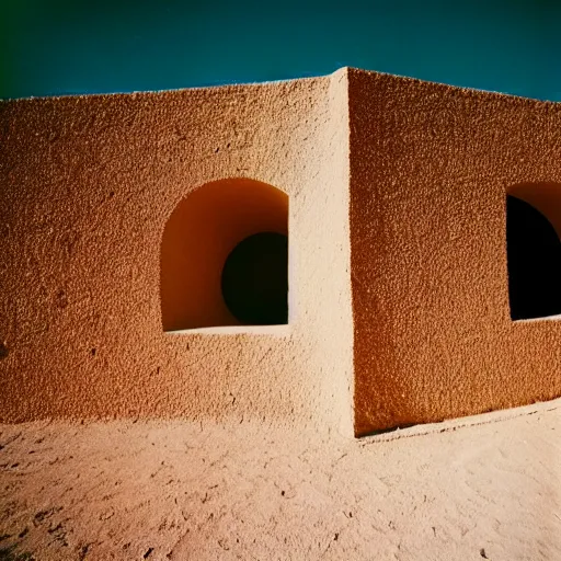 Image similar to a photo taken from inside circular Non-Euclidean clay building sitting in the desert, vintage photo, beautiful cinematography, blue sky, film grain, symmetrical, James Turrell