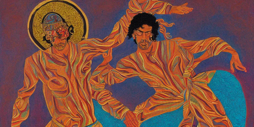 Image similar to an abstract spiritual background, a latino greek god dancing mindlessly, clear eyes. 2 4 mm, photorealistic, muted color scheme, directed by mati klarwein