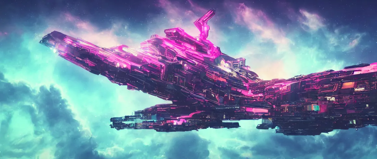 Image similar to space, hyperdetailed illustration, portrait big dark dog, neon ship, mohawk, stars, pink, neon, oil painting, rich deep colors masterpiece, pirate neon ship, ultra detailed, contrast, heaven pink, clouds, volumetric light, atmospheric lighting, dramatic, cinematic, moody, octane render 4 k, 8 k