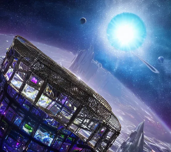 Prompt: planet with a gigantic megastructure tower extending out of its atmosphere. beautiful, epic, realistic, space fantasy scene, futuristic and iridescent crystals