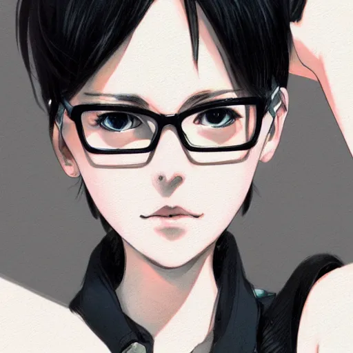 Prompt: full upper-body portrait of a girl with short black hair and glasses drawn by WLOP, attractive character, colored sketch anime manga panel, trending on Artstation