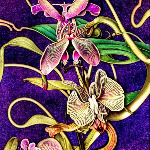 Image similar to majestic colorful orchid mantis enamel by william morris, cloisonne, iridescent, gilded details, black opals, beautiful hyperdetailed art nouveau orchids, ultrasharp photorealistic octane render, rich deep moody colors