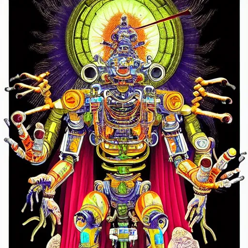 Image similar to detailed intricate color manga illustration of a Hindu god with a halo as an evil cyborg alien robot with lots of arms and weapons, cyberpunk, sistine chapel, davinci, religion, Hindu, vishnu, akira, dystopian, sci-fi, geof darrow, transmetropolitan, ronin