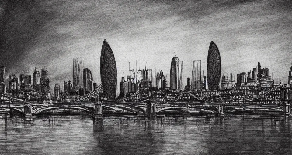 Prompt: pencil sketch of the london skyline, highly detailed, dramatic lighting, intense shadows, rich deep colours, by salvador dali