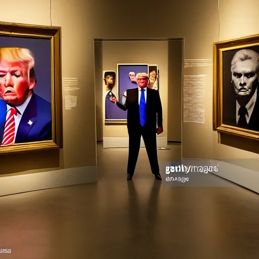 Prompt: trump watching a cyborg trump exhibition in a museum, studio lighting, photography, highly detailed, 4 k,