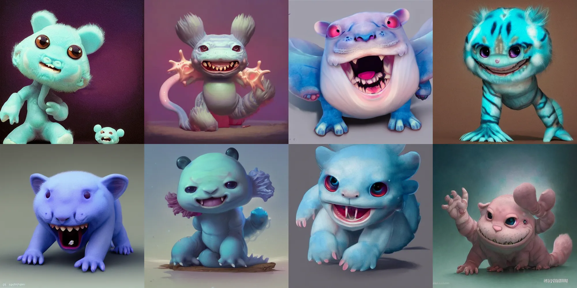 Prompt: cute! fluffy blue baby tiger axolotl, fury, SSS, wrinkles, grin, rimlight, dancing, fighting, bioluminescent screaming pictoplasma characterdesign toydesign toy monster creature, artstation, cg society, by greg rutkowski, by William-Adolphe Bouguereau, by zdzisław beksiński, by Peter mohrbacher, by nate hallinan, 8k