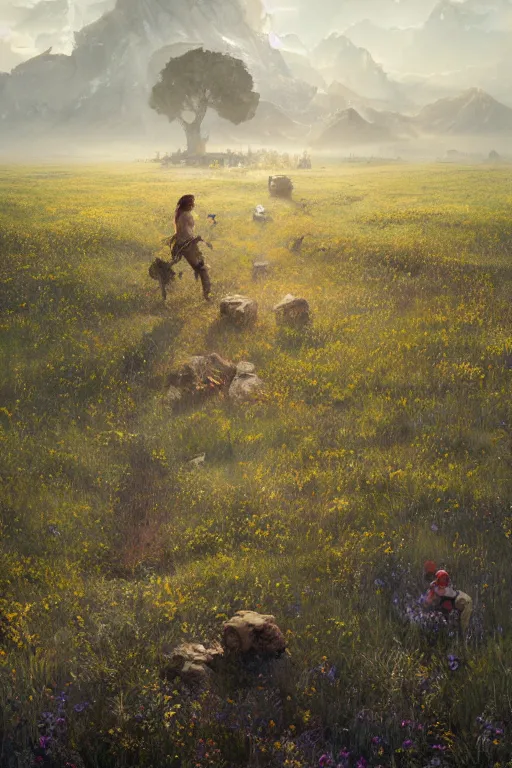 Image similar to A endless beuatiful meadow with I giant in the farground by Greg Rutkowski, Sung Choi, Mitchell Mohrhauser, Maciej Kuciara, Johnson Ting, Maxim Verehin, Peter Konig, final fantasy , 8k photorealistic, cinematic lighting, HD, high details, atmospheric,