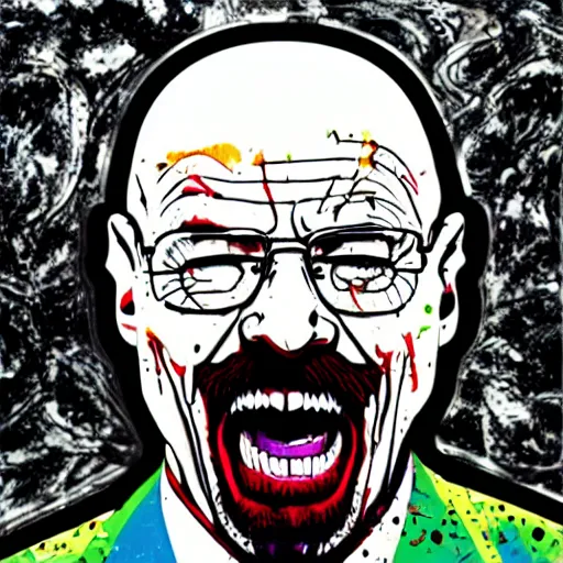 Prompt: die cut sticker, walter white laughing like the joker, splatter paint