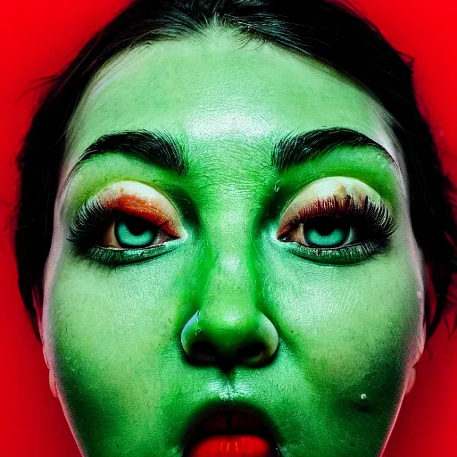 Prompt: medium shot open human mouth with thick viscous green slime oozing out, thick red lips, human staring blankly ahead, melancholy, unsettling, art house film aesthetic, a 2 4, color grain 3 5 mm, hyperrealism