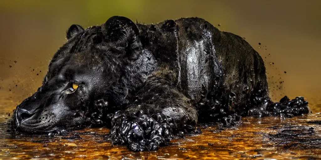 Prompt: a black lioness, made of ferrofluid, bathing inside the lake of tar, full of goo, covered with ferrofluid. dslr, photography, realism, animal photography, color, savanna, wildlife photography