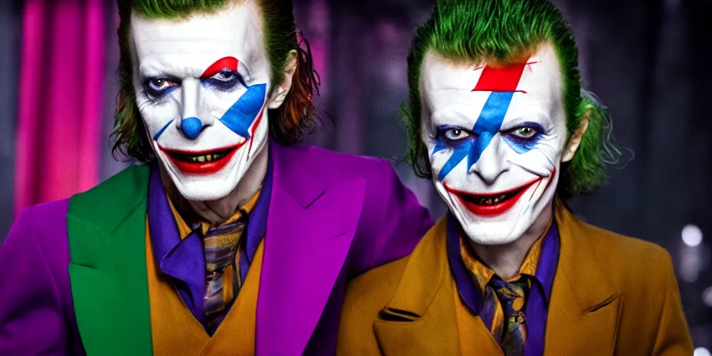 Image similar to A smiling David Bowie as the Joker in Batman, 4k