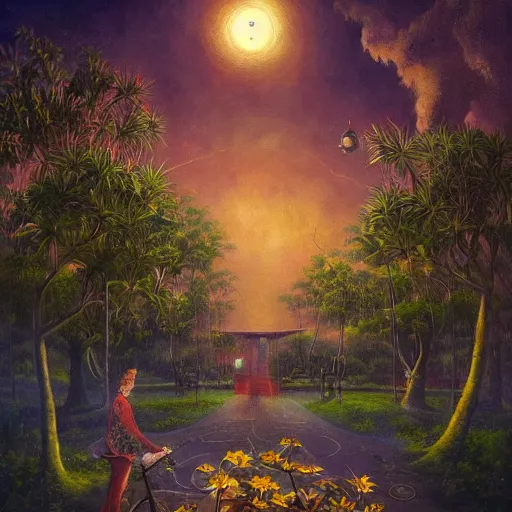 Prompt: a concept painting in the style of esao andrews of an opera at night, with beautiful dramatic clouds, dappled lighting, lush landscaping, date palm trees, shrubs and flowers. esao andrews, trending on artstation