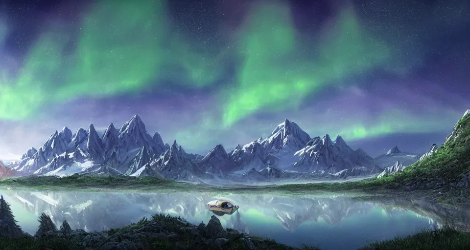 Image similar to An epic fantasy style landscape painting of a Mountainrange and a lake, with a starry sky and milkyway and breathtaking aurora and a beige Volkswagen Caddy Campervan 4x4, a glacier can be seen in the distance, unreal 5, DAZ, hyperrealistic, octane render, volumetric clouds dynamic lighting