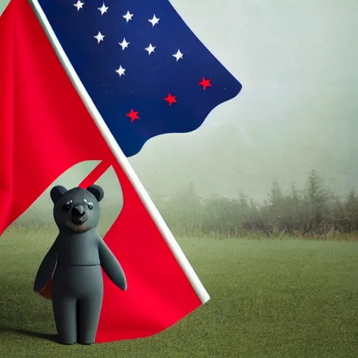 Prompt: a portrait of a socialist bear in a uniform waving a red flag