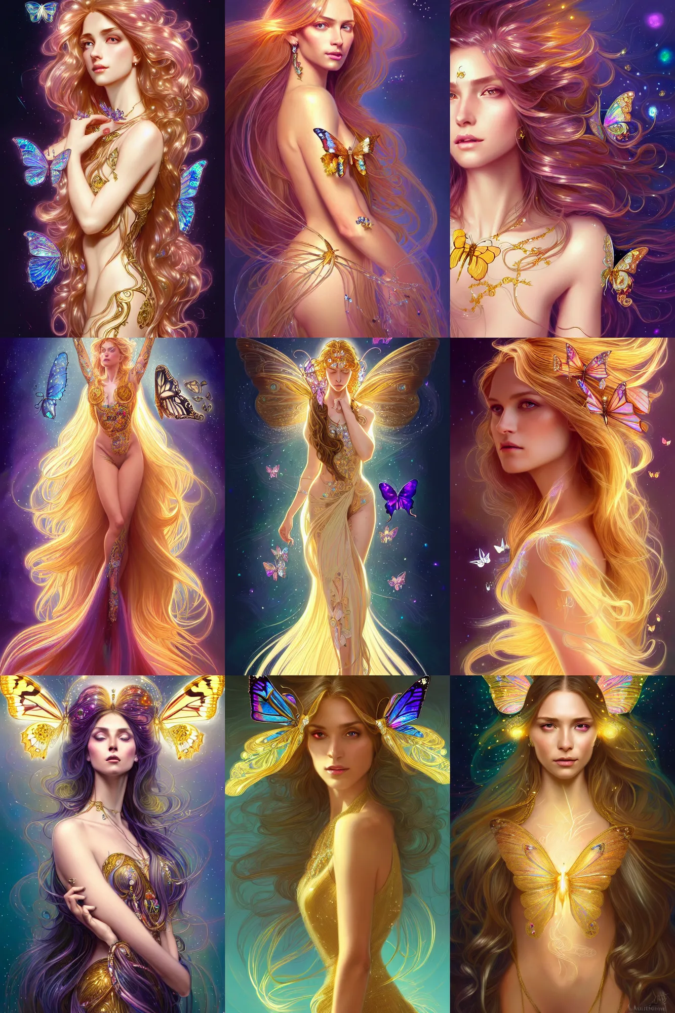Prompt: illustration of a woman with long hair, iridescent and golden, refractive crystal jewelry, butterflies, hyper detailed, character concept, dynamic pose, glowing lights, intricate, elegant, highly detailed, digital painting, artstation, concept art, smooth, sharp focus, illustration, art by chris sanders and greg rutkowski and alphonse mucha