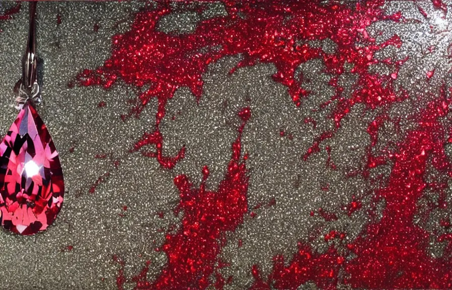 Prompt: Metalic Sparkle Shine Glisten Valley of metal Drop of blood Shimmer in the style of Mandy Lea