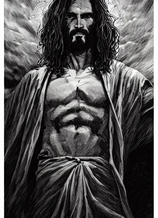 Image similar to Jesus with fire in his eyes, dark colors, sinister atmosphere, dramatic lighting, cinematic, establishing shot, extremely high detail, photo realistic, cinematic lighting, pen and ink, intricate line drawings, by Kohei Horikoshi, post processed, concept art, artstation, matte painting, style by eddie mendoza, raphael lacoste, alex ross