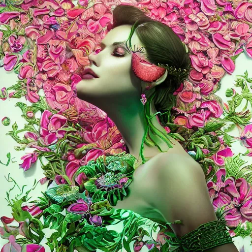 Image similar to the portrait of an absurdly beautiful, graceful, elegant, sophisticated, fashionable woman made of strawberries and green petals looking up, an ultrafine hyperdetailed illustration by kim jung gi, irakli nadar, intricate linework, bright colors, octopath traveler, final fantasy, unreal engine 5 highly rendered, global illumination, radiant light, detailed and intricate environment