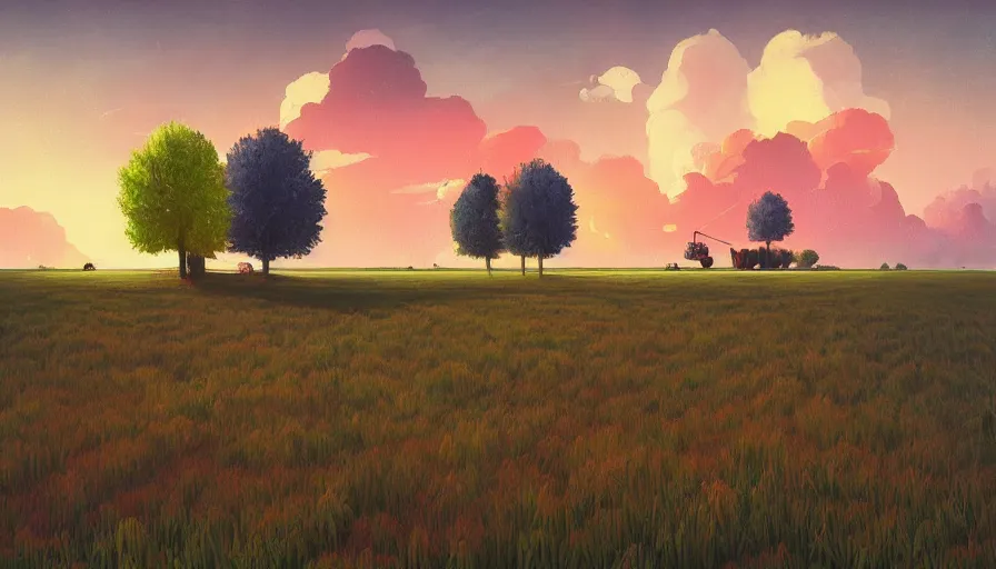 Prompt: colourful sky, wheat field, tractors, big trees, matte painting, art station, digital art, simon stalenhag