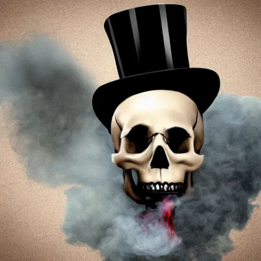 Image similar to Skull, top hat, smoke, smoke coming out of skull, hyperrealistic,