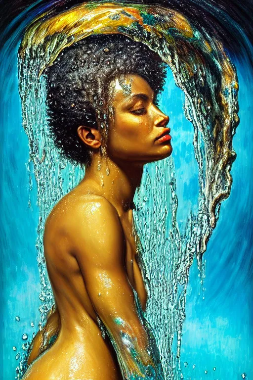 Image similar to hyperrealistic precisionist cinematic profile very expressive! oshun goddess, in water! john everett millais, mirror dripping droplet!, gold flowers, highly detailed face, digital art masterpiece, smooth eric zener cam de leon, dramatic pearlescent turquoise light on one side, low angle uhd 8 k, shallow depth of field