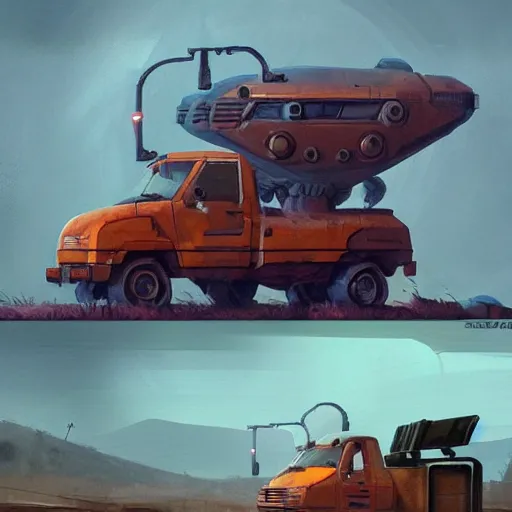 Image similar to concept art of a rusty sci - fi truck, trending on conceptartworld, by simon stalenhag
