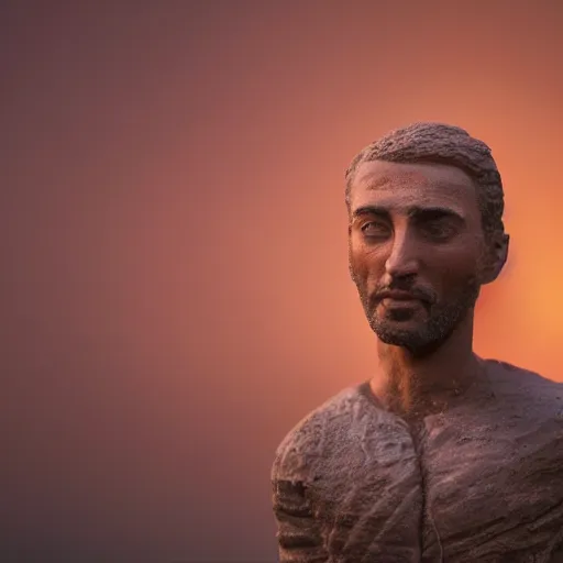 Prompt: cinematic still of a gust of wind blowing red clay sculpture of 30 year old middle eastern man head and shoulders in a human head and shoulders, strong, muscular, mysterious, fantastical, miraculous, epic, light rays, cinematic, Biblical epic directed by Steven Spielberg