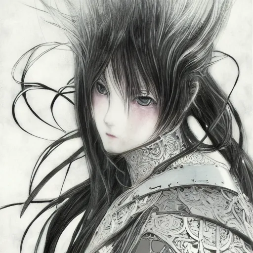 Image similar to yoshitaka amano blurred and dreamy illustration of an anime girl with black eyes, wavy white hair fluttering in the wind wearing elden ring armor and engraving, abstract black and white patterns on the background, noisy film grain effect, highly detailed, renaissance oil painting, weird portrait angle, blurred lost edges, three quarter view