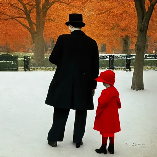 Image similar to a thin man in a black coat and bowler hat talks with small young girl who is dressed in a red coat and a red hat, park, autumn, 1923, wide angle, high detail, in style of Claude Monet, 8k, width 768