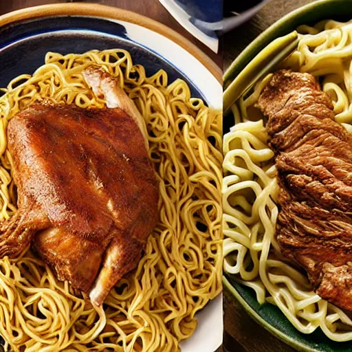 Image similar to noodles of the peter, chicken of the peter, beef of the peter, photorealistic