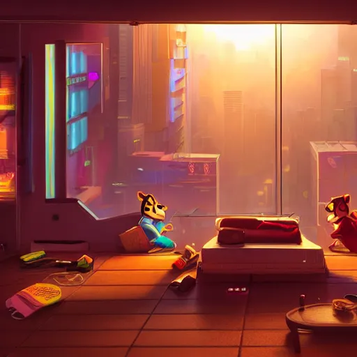 Image similar to Chip and Dale chipmunks in the apartment room in a cyberpunk city, soft god rays from city lights outside the window, unreal engine 5, soft neon atmosphere, photorealistic, soothing colors, somber melancholic matte painting, hyperrealism, hyperrealistic, cinematic masterpiece, cyberpunk style 8k ultrahd octane render