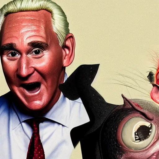 Image similar to an illustration of roger stone as a gremlin