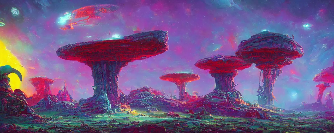 Image similar to ” mysterious and whimsical alien landscape, [ colorful, inviting, cinematic, detailed, epic, widescreen, opening, establishing, mattepainting, art by slop and paul lehr ] ”