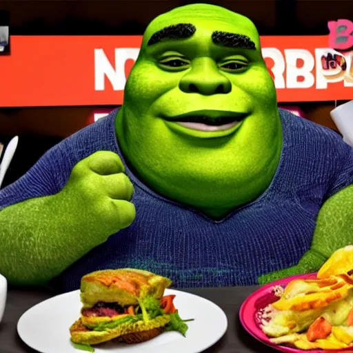 Prompt: morbidly obese shrek doing mukbang on video 4k