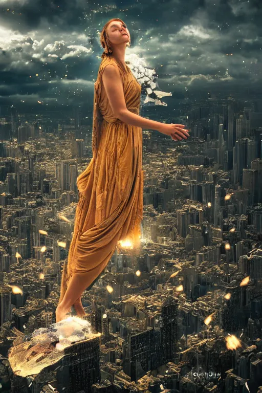 Image similar to godess of artificial intelligence floating above a continent, sharp focus, by rozalski, cinematic, cinematic shot, megalophobia