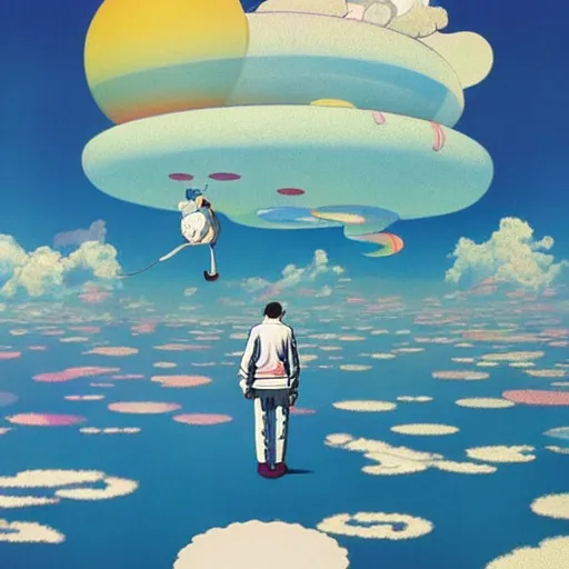 Image similar to a man walking on clouds away from the camera above kyoto by takashi murakami, beeple and james jean, aya takano color style, 4 k, super detailed, modern, 4 k, symmetrical