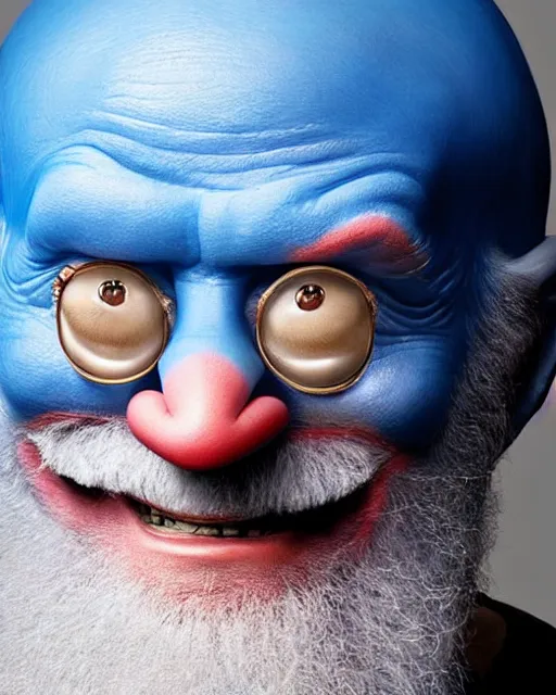 Image similar to David Letterman as Pappa Smurf in Elaborate Rick Baker Makeup Prosthetics for live action remake of The Smurfs, Studio Lighting, Highly detailed, Trending on Artstation, Studio Lighting Photographed in the Style of Annie Leibovitz