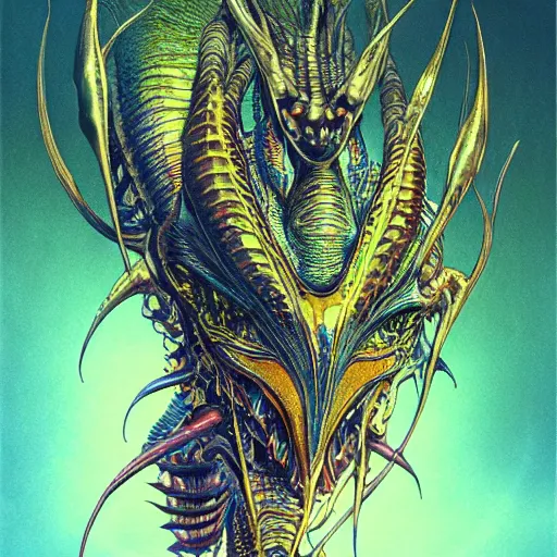 Image similar to simple concept art portrait of an intricately designed predatory alien species. an award winning yoshitaka amano poster. a masterpiece by james gurney. deep color.