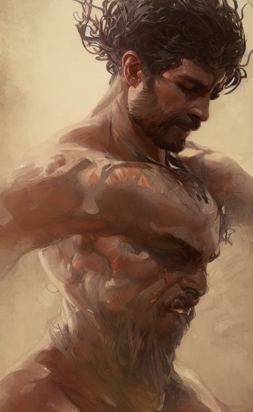 Image similar to god of the forest, 30 years old, rugged, male, gorgeous, detailed face face face face, amazing, thighs thighs thighs thighs, muscular, intricate, highly detailed, digital painting, artstation, concept art, sharp focus, illustration, art by greg rutkowski and alphonse mucha