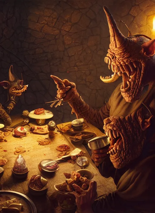 Image similar to highly detailed closeup portrait of a medieval goblin eating cakes, stephen bliss, unreal engine, greg rutkowski, ilya kuvshinov, ross draws, hyung tae and frank frazetta, tom bagshaw, tom whalen, nicoletta ceccoli, mark ryden, earl norem, global illumination, god rays, detailed and intricate environment