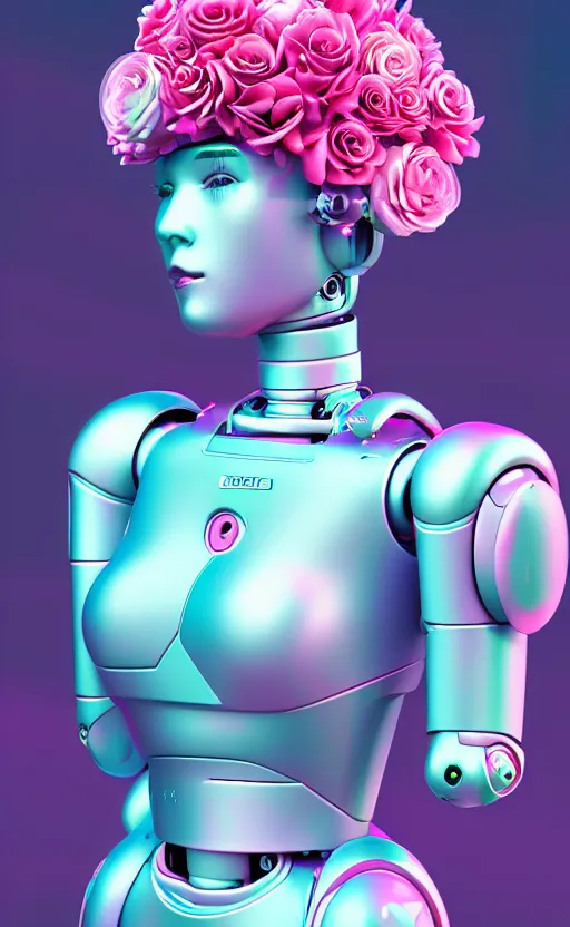 Image similar to detailed vaporwave pastel female robot covered in roses, 3d, digital art, 4k