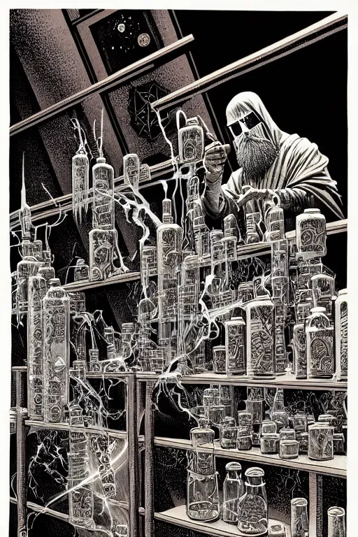 Prompt: ancient cloaked wizards mixing potions in his laboratory, high details, intricately detailed, by vincent di fate, inking, 3 color screen print, masterpiece, trending on artstation,, sharp, details, hyper - detailed, hd, 4 k, 8 k